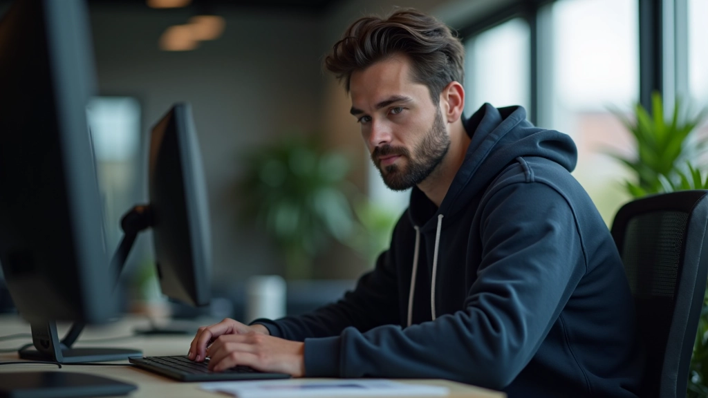 Developer aan het werk met moderne code editor, twee schermen met webdesign en CSS code zichtbaar