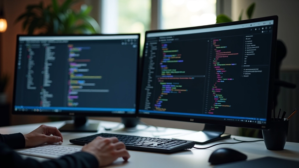 Moderne werkplek met twee monitoren, waarvan één toont Bootstrap componentenbibliotheek en ander aangepaste CSS code