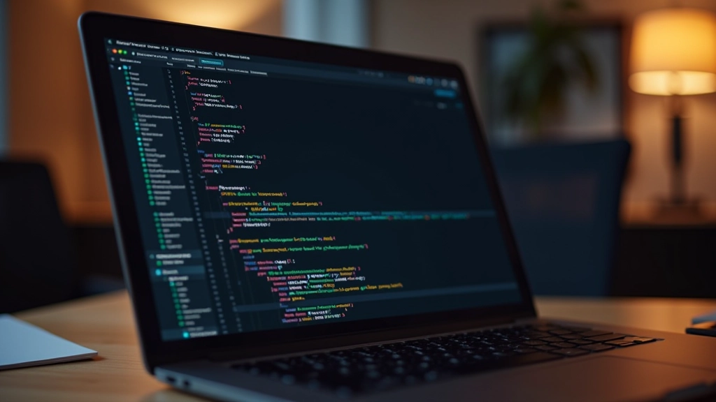 Laptop scherm met code editor open, kleurrijke CSS syntax highlighting zichtbaar
