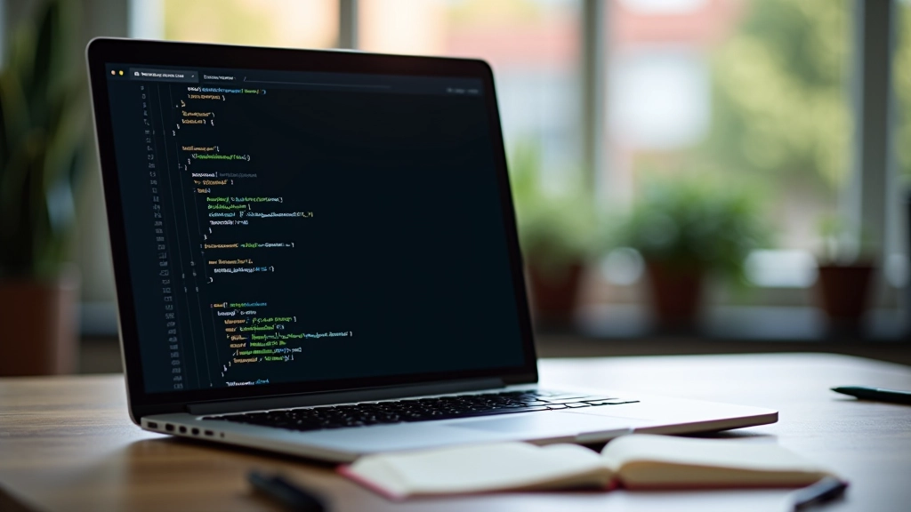 Close-up van laptop scherm met SCSS code voor Bootstrap variabelen, workspace met notebooks en pen