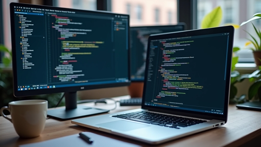 Moderne webontwikkelingswerkplek met laptops en code op het scherm