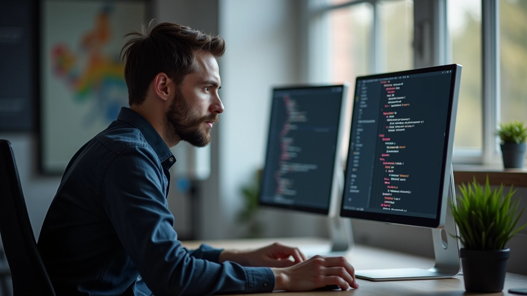 Developer werkend aan CSS Grid layout met DevTools open op twee monitoren